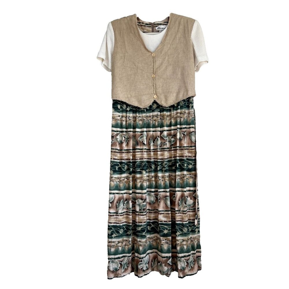 Faux Shirt/Vest Combo Dress Vintage Maxi Midi Green Brown Tan sz 14 Allison-Che